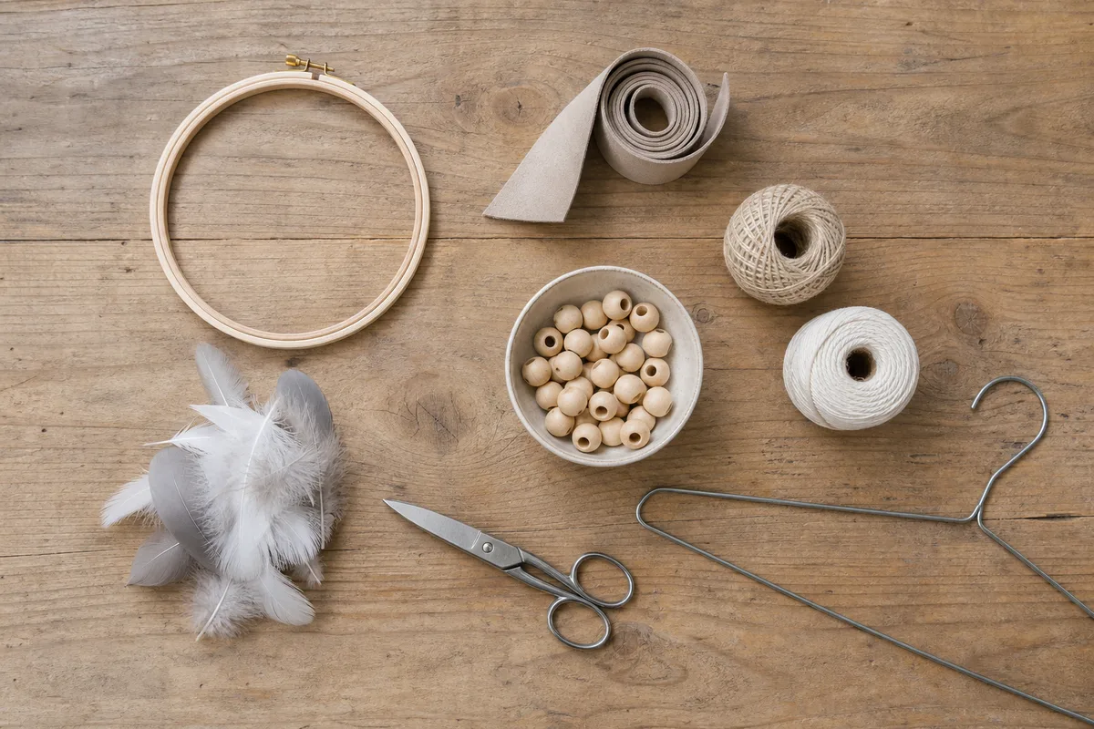 Établi de loisirs créatifs avec cercle à broder, pelotes de fil de lin, perles de bois et plumes disposés avant la fabrication d un attrape-rêves
