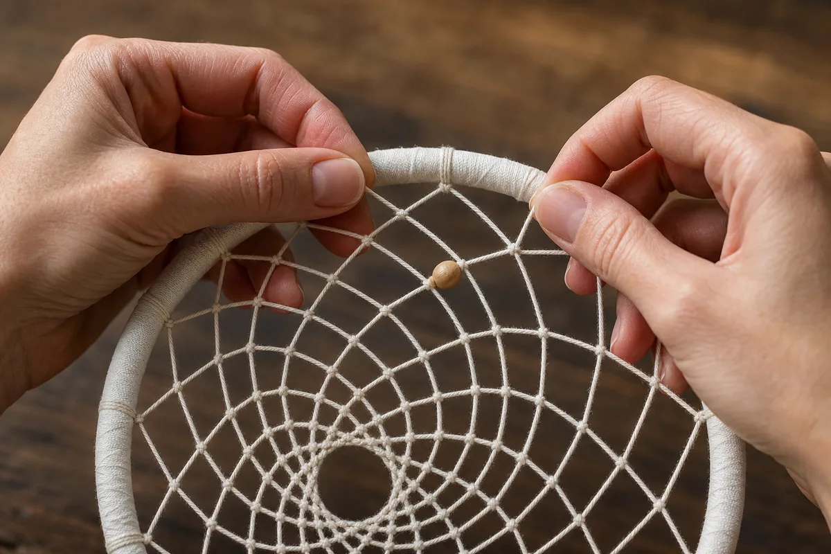Mains tissant la toile d un attrape-rêves en demi-clés régulières sur un cerceau de bois, fil de coton clair tendu et perle de bois au centre