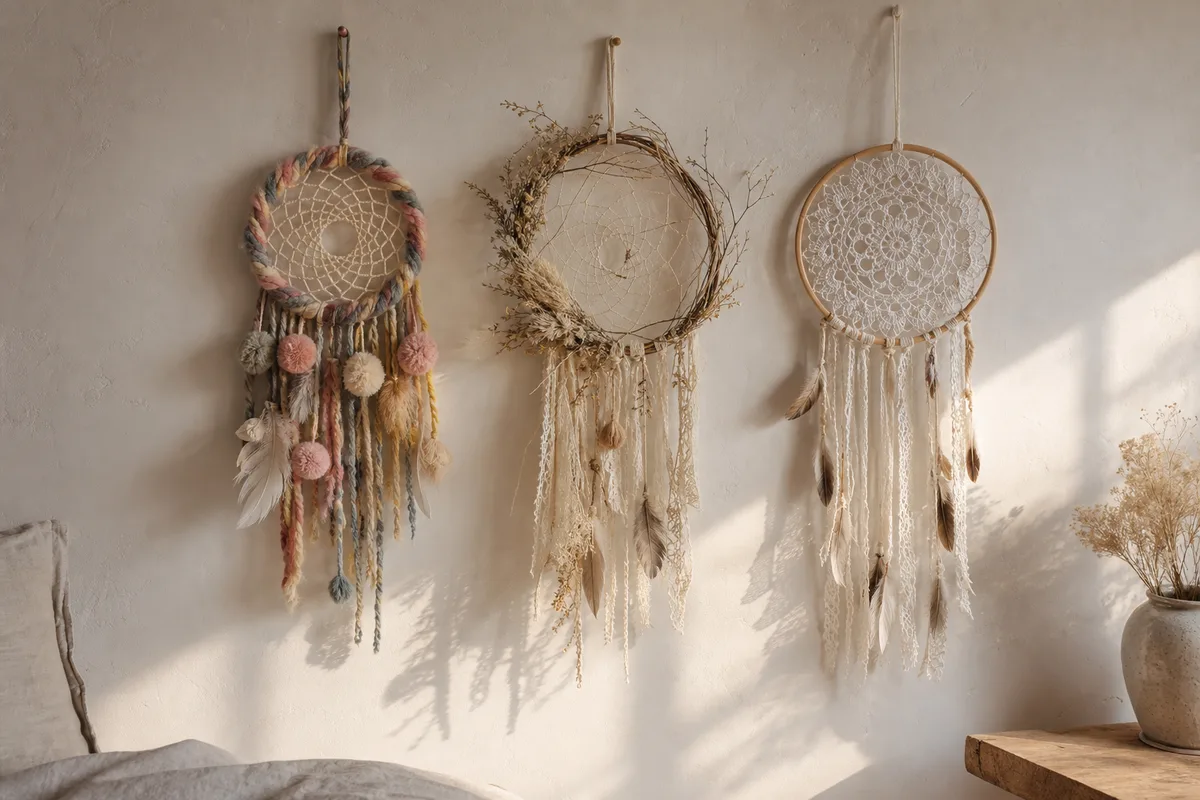 Trois attrape-rêves accrochés à un mur clair, versions laine colorée, lin écru avec fleurs séchées et napperon crocheté, lumière douce de fin de journée