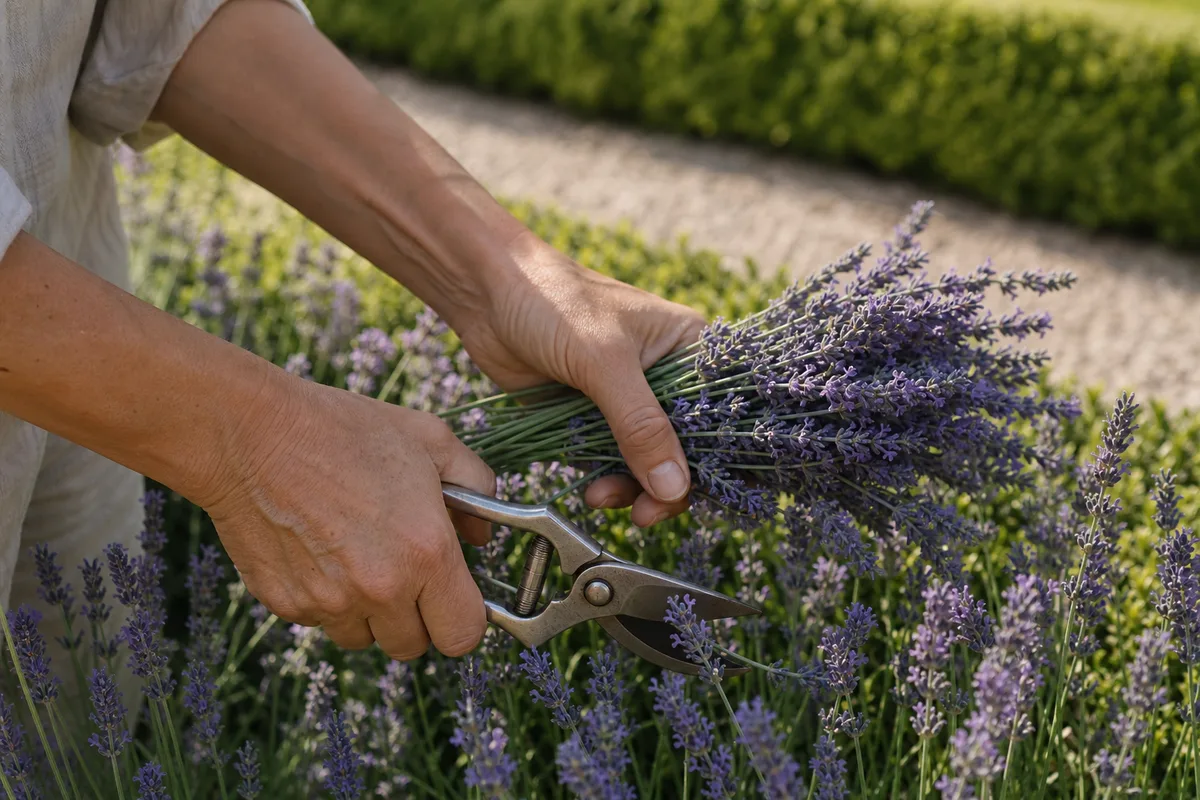 Mains coupant des tiges de lavande au sécateur dans un jardin français