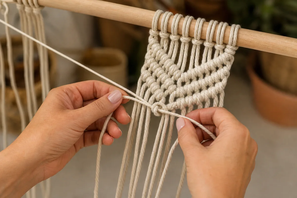 Mains nouant une diagonale de doubles demi-clés sur une tenture en cours de création