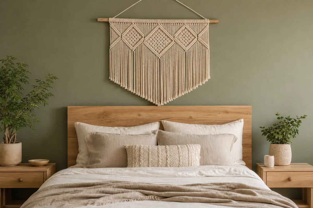 Tenture murale en macramé écru à motif de losanges au-dessus d&rsquo;une tête de lit en bois