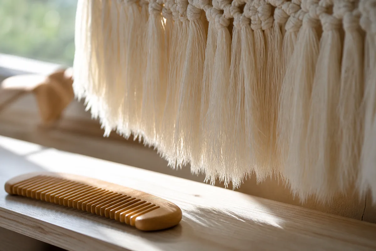 Franges de macramé peignées en pointe près d&rsquo;une fenêtre, peigne en bois posé à côté