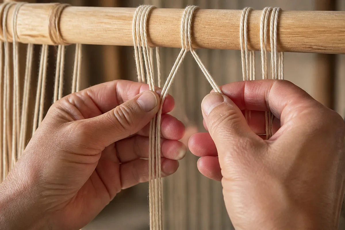 Cordes de coton écru tendues sur une barre en bois, mains d&rsquo;artisan en train de séparer les brins