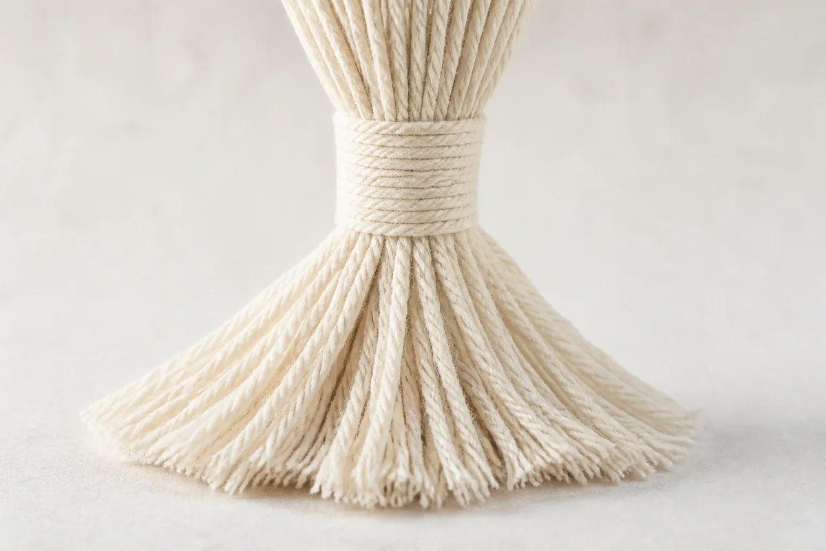Faisceau de cordes de coton rassemblé par une surliure serrée, franges peignées en dessous sur fond clair