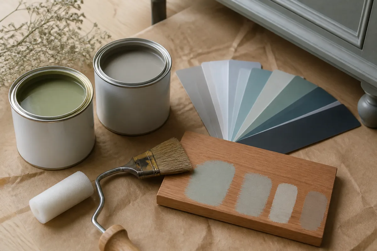 Pots de peinture mate vert sauge et gris taupe avec pinceaux et nuancier sur un plan de travail