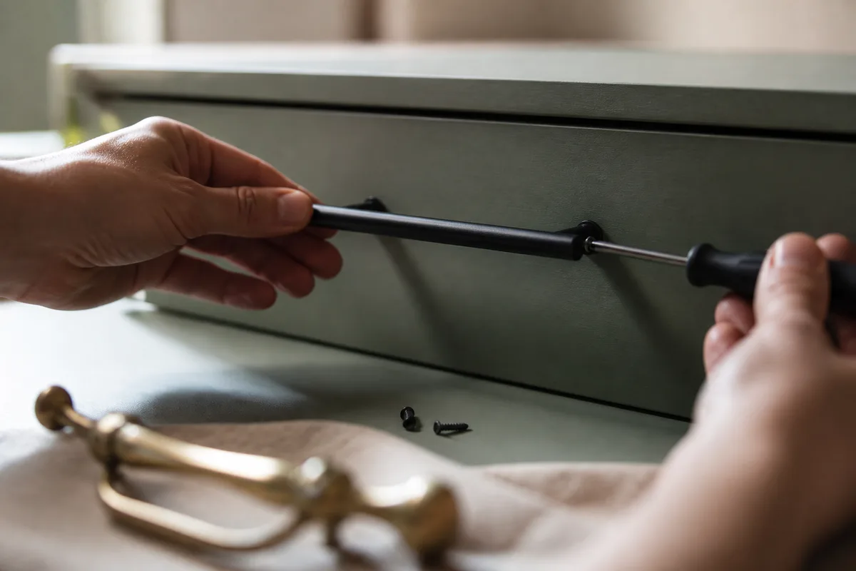 Mains posant une poignee barre en metal noir mat sur une facade de commode repeinte